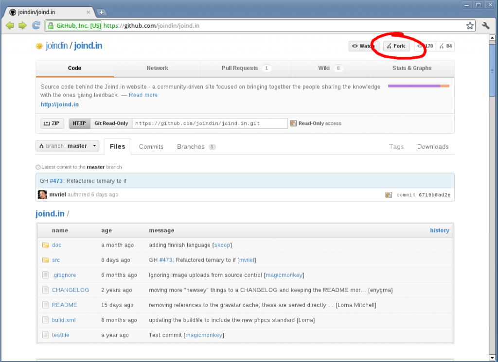 Fork the main repo by clicking the "Fork" button at the top right