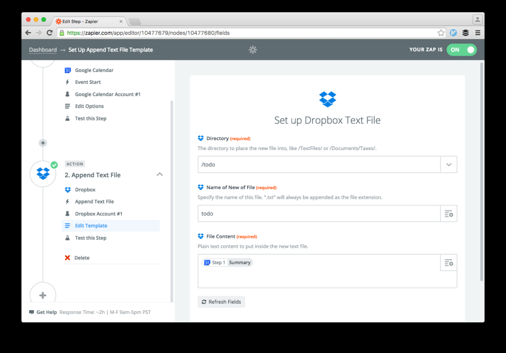 Action Setup For Dropbox File