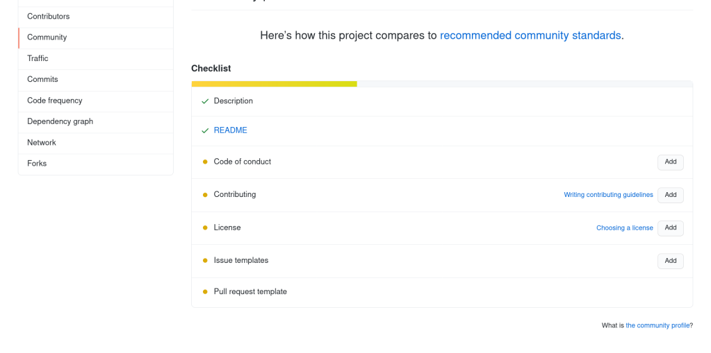 screeshot of the project's /community page, showing low completion